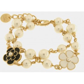 BRACCIALE IN METALLO SFERE BIANCHE FIORI