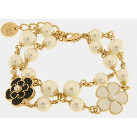 BRACCIALE IN METALLO SFERE BIANCHE FIORI